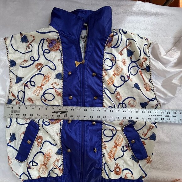 Vintage 90s Casual Isle Bomber Jacket Womens Medium Gold Chain Print Blue White - Picture 6 of 7